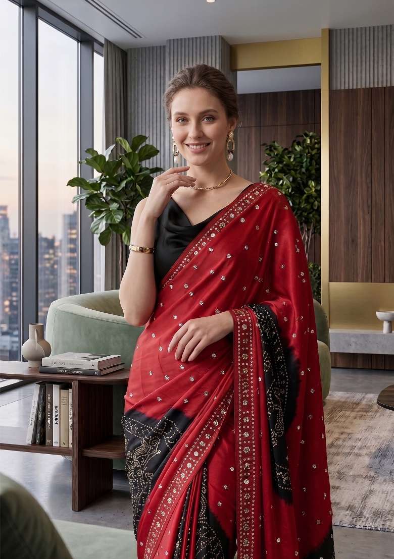 Red Bandhani Silk Saree Set - Indya