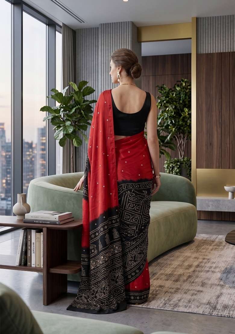 Red Bandhani Silk Saree Set - Indya