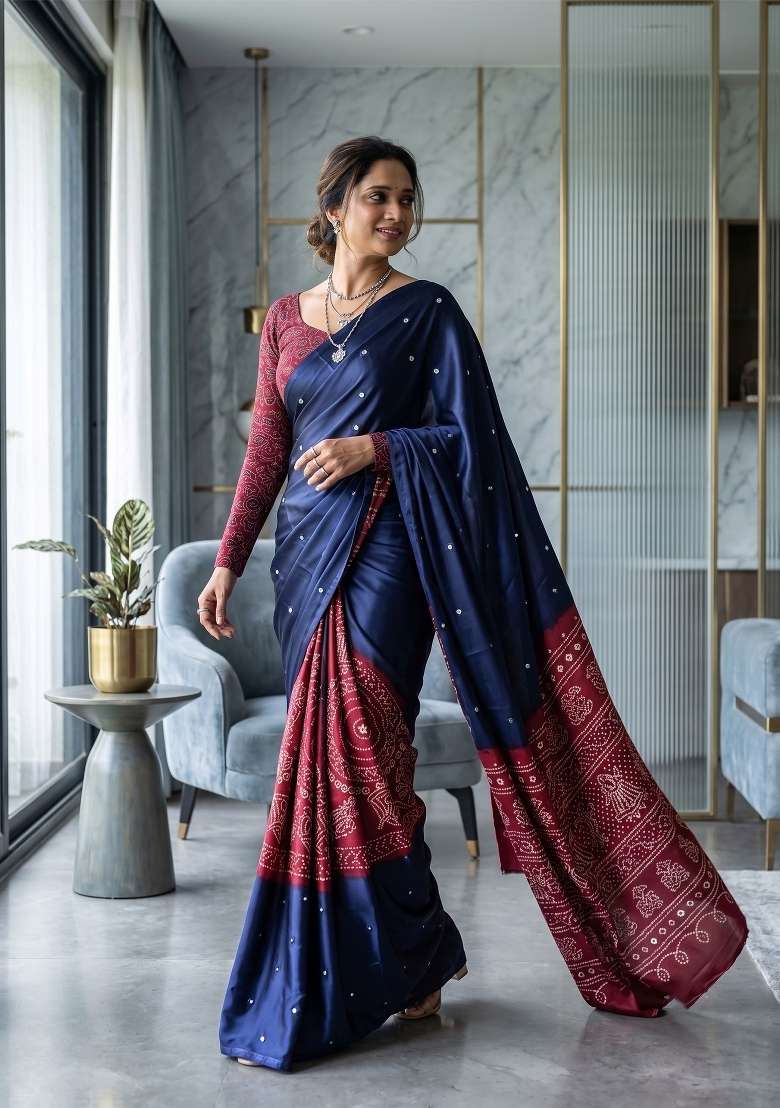 Navy Blue Bandhani Silk Saree Set - Indya