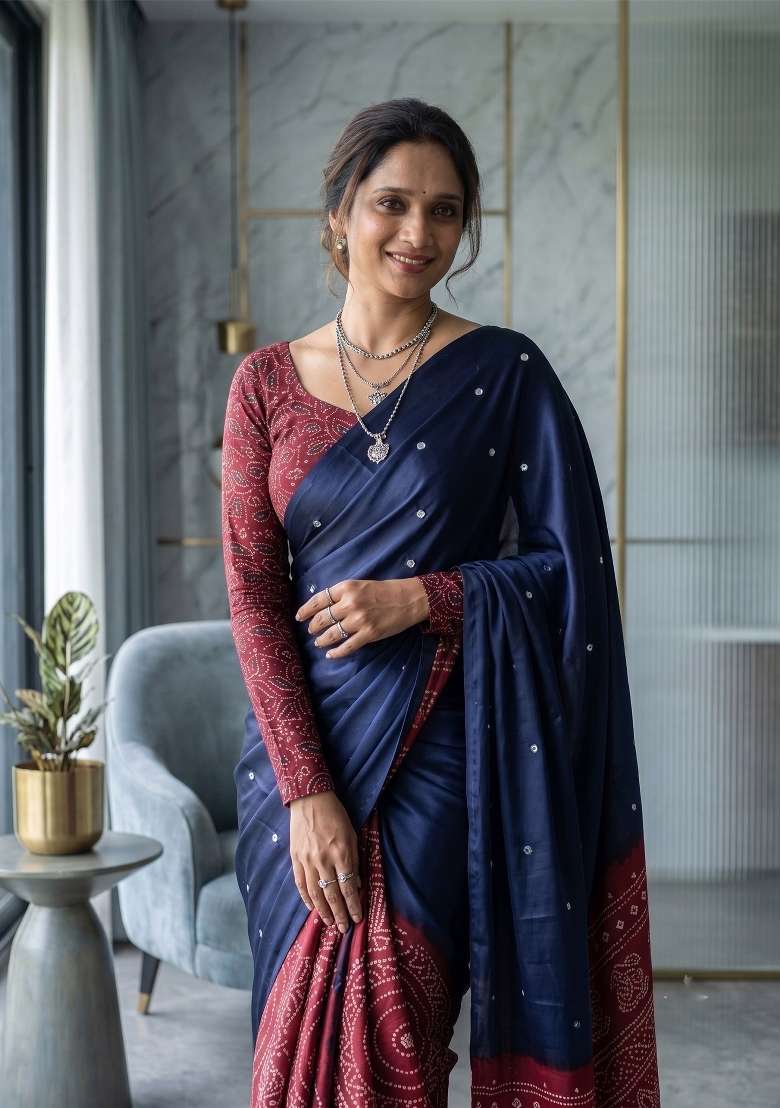 Navy Blue Bandhani Silk Saree Set - Indya