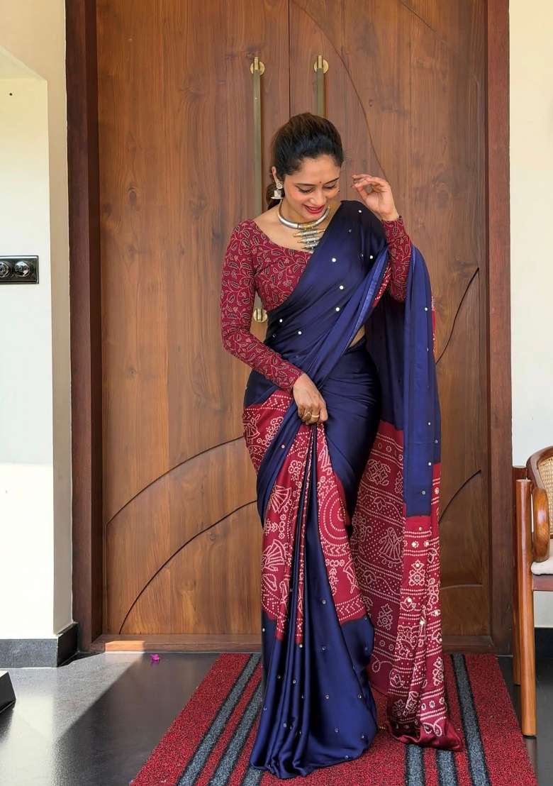 Navy Blue Bandhani Silk Saree Set - Indya