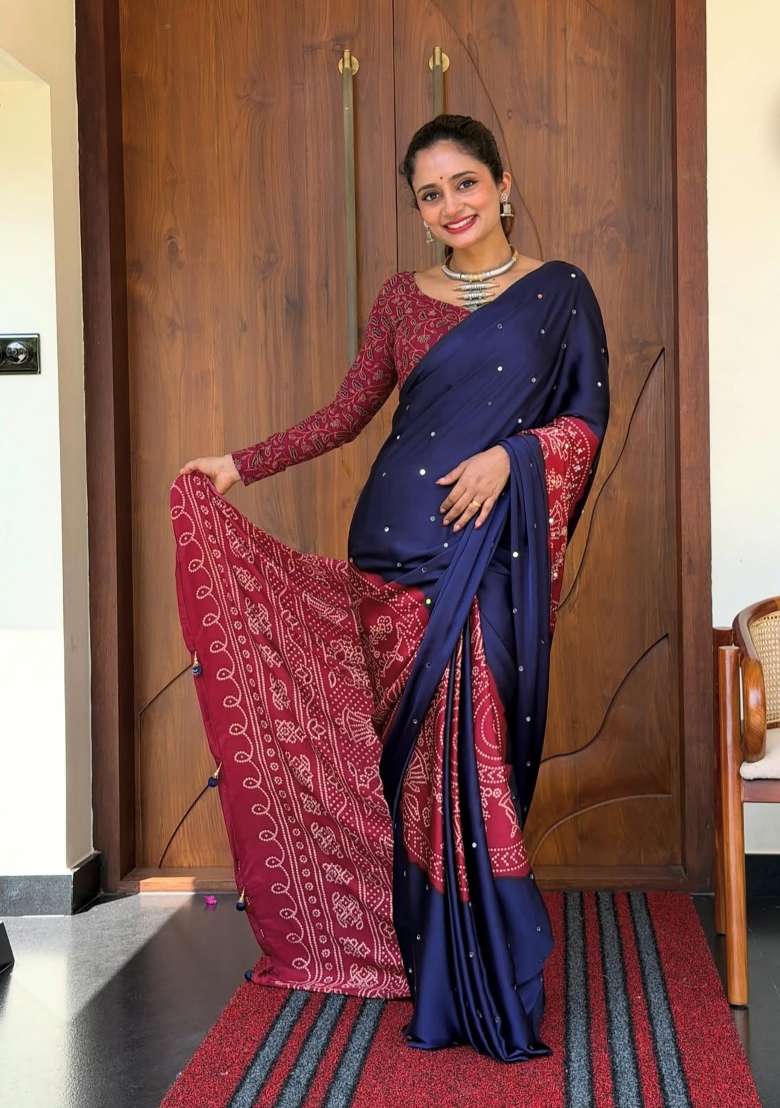 Navy Blue Bandhani Silk Saree Set - Indya