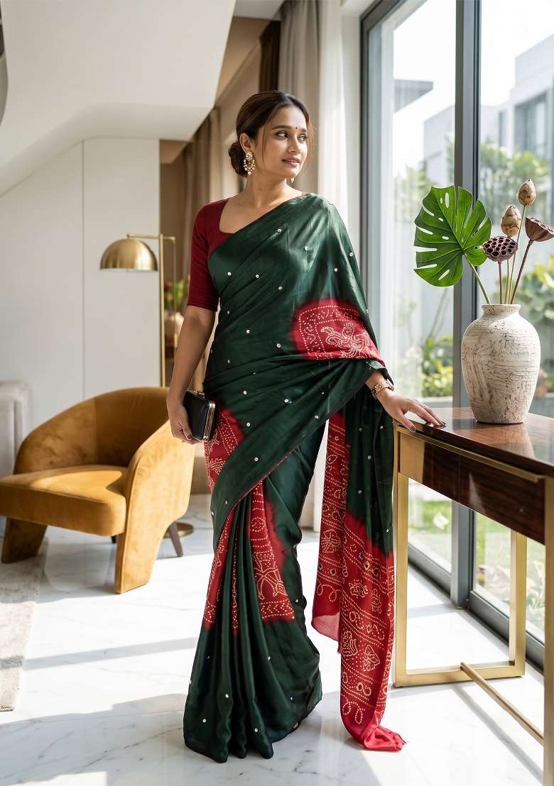 Mehendi Green Bandhani Silk Saree Set - Indya