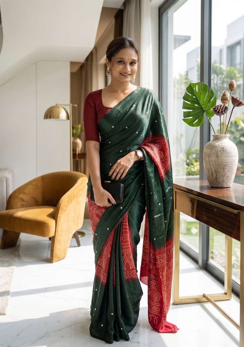 Mehendi Green Bandhani Silk Saree Set - Indya