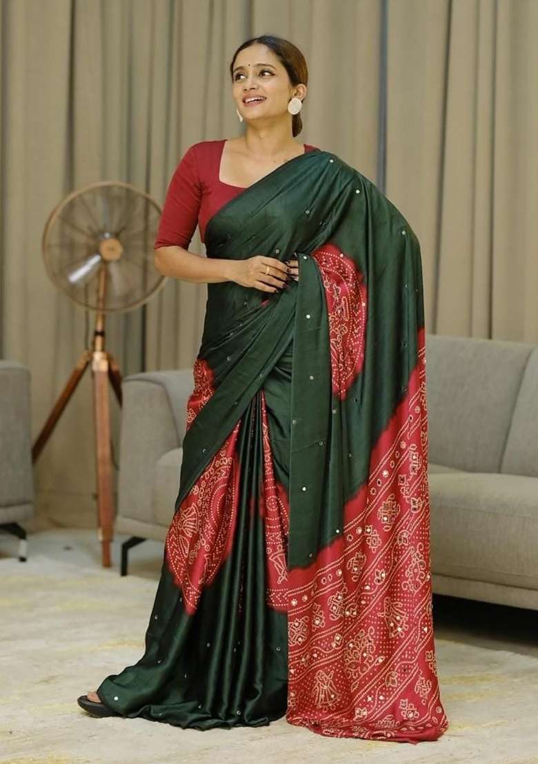 Mehendi Green Bandhani Silk Saree Set - Indya