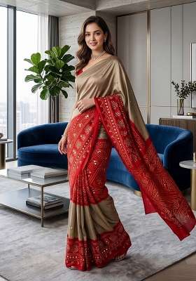 Beige Bandhani Silk Saree Set