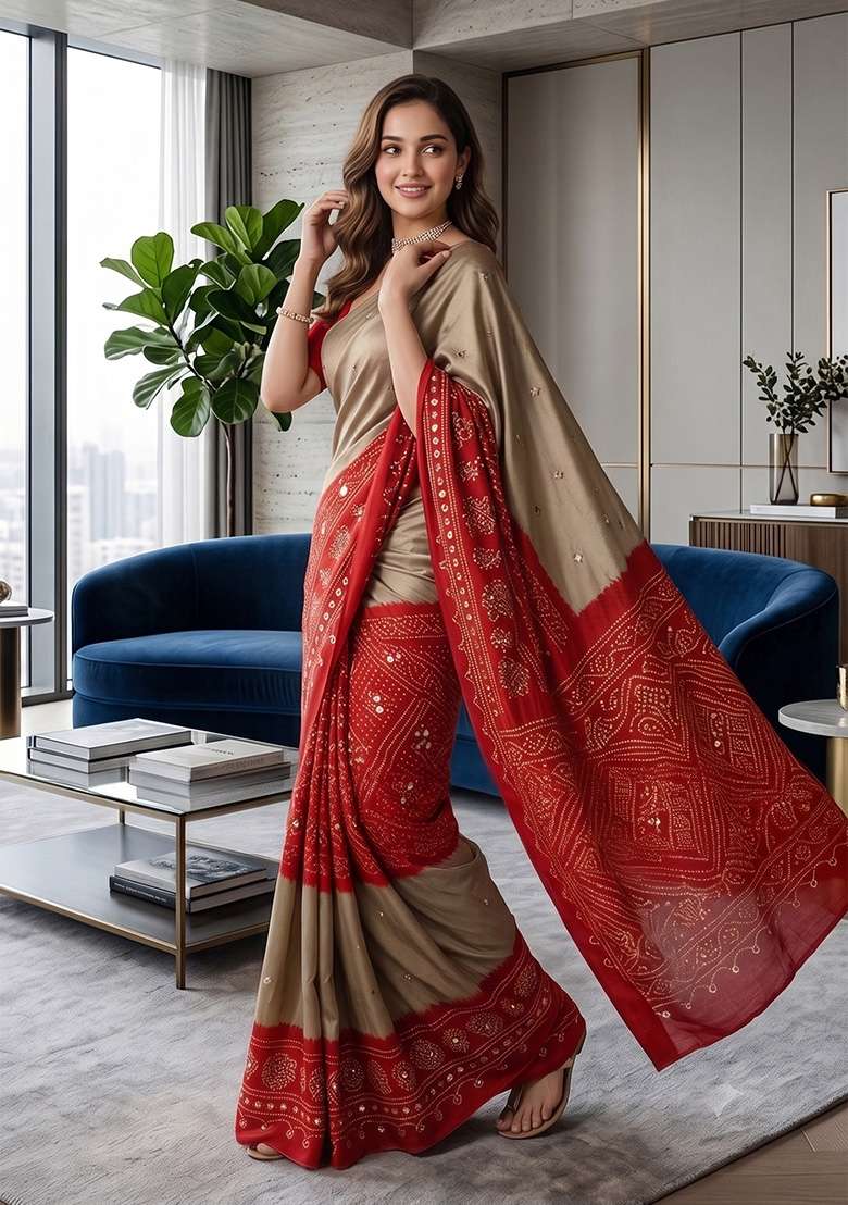 Beige Bandhani Silk Saree Set - Indya
