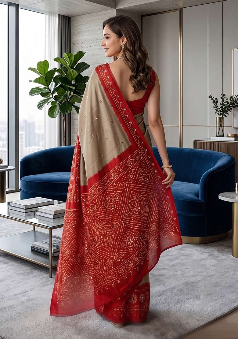 Beige Bandhani Silk Saree Set - Indya