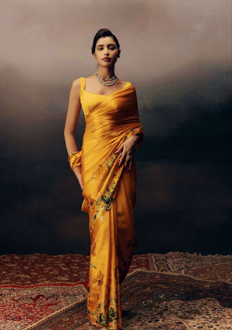 Canary Yellow Floral Print Model Saree Set - Indya