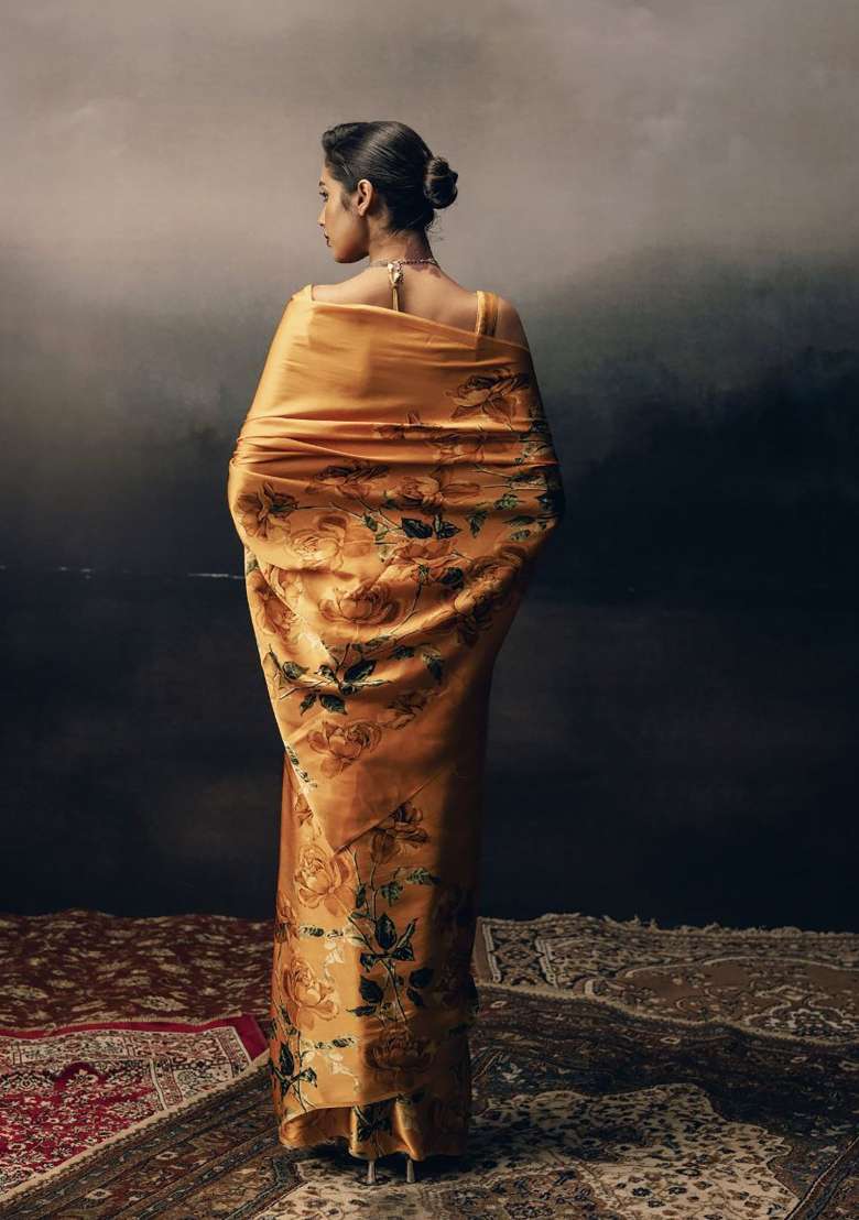 Canary Yellow Floral Print Model Saree Set - Indya