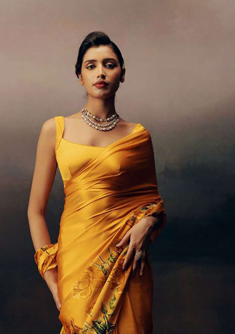 Canary Yellow Floral Print Model Saree Set - Indya