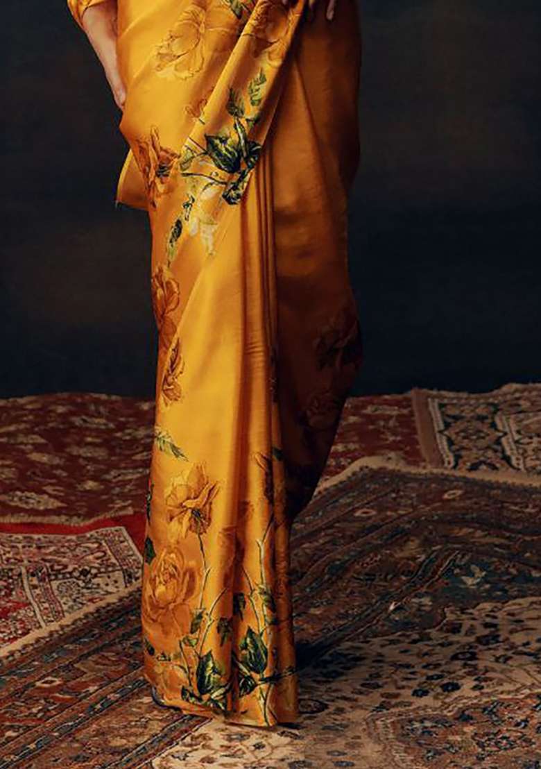 Canary Yellow Floral Print Model Saree Set - Indya