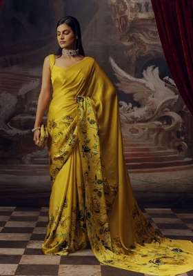 Yellow Floral Print Model Saree Set
