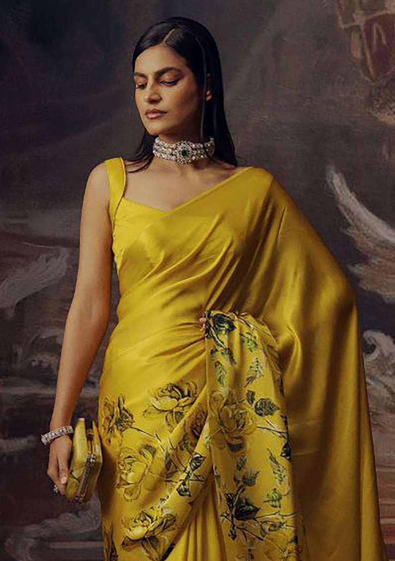 Yellow Floral Print Model Saree Set - Indya
