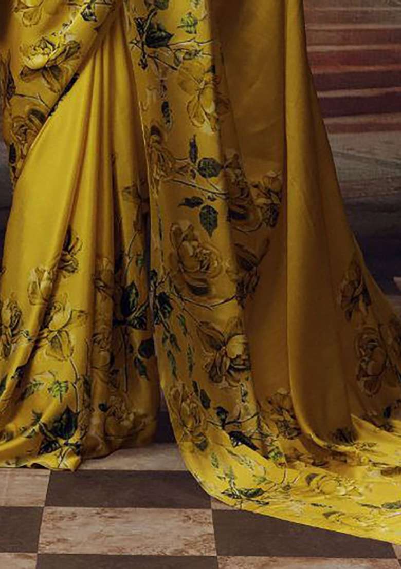Yellow Floral Print Model Saree Set - Indya