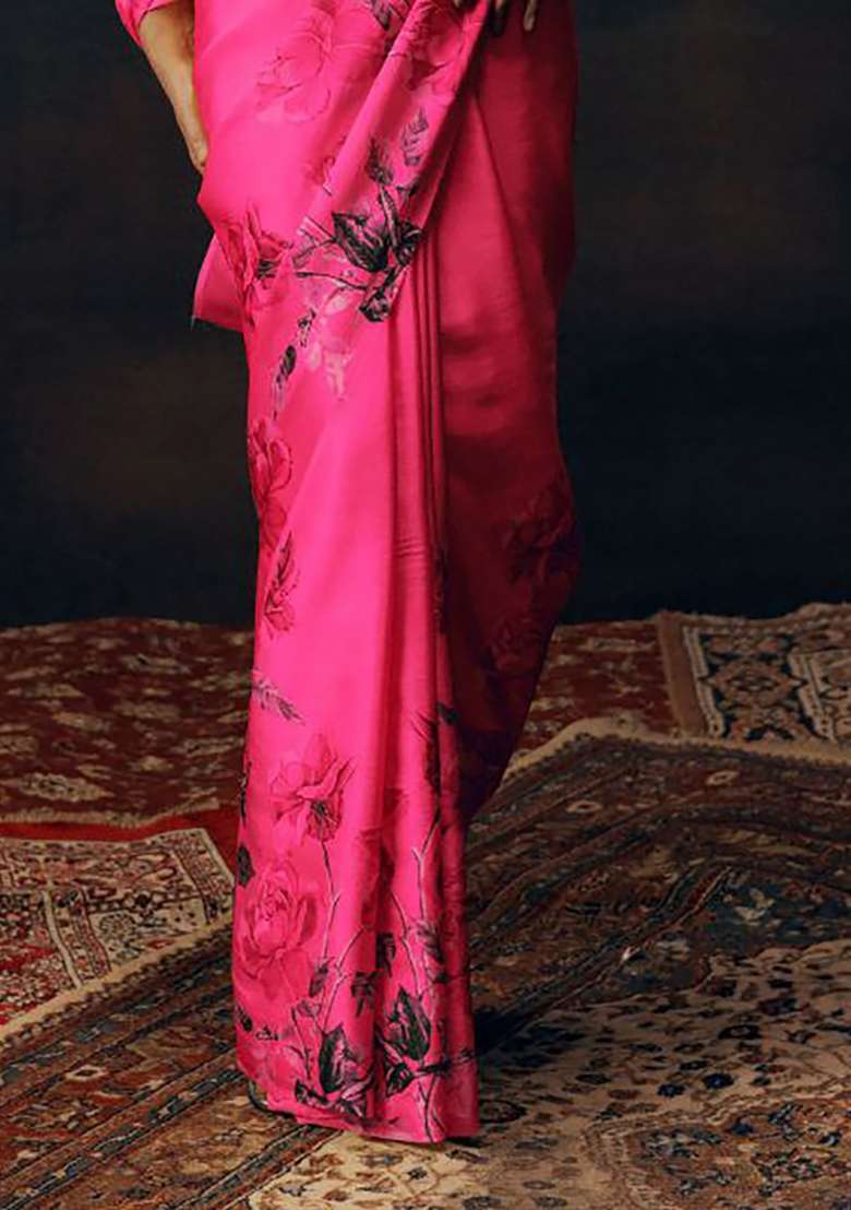 Fucia Pink Floral Print Model Saree Set - Indya