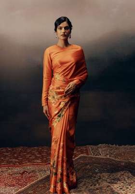 Orange Floral Print Model Saree Set