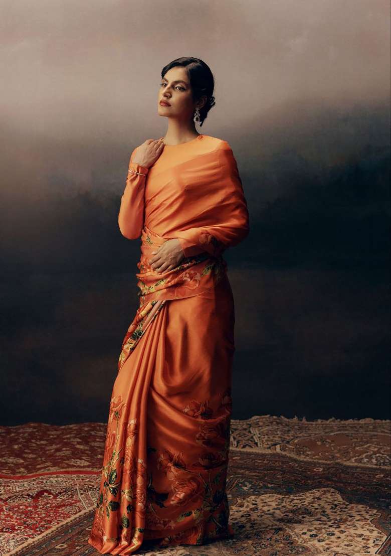 Orange Floral Print Model Saree Set - Indya