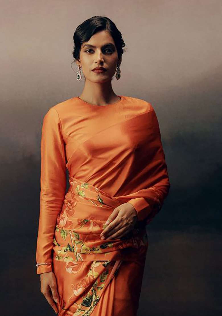 Orange Floral Print Model Saree Set - Indya