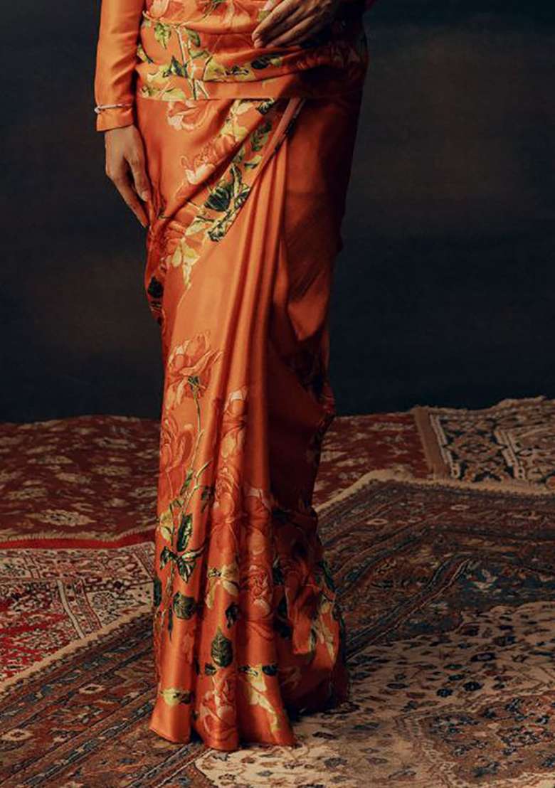 Orange Floral Print Model Saree Set - Indya