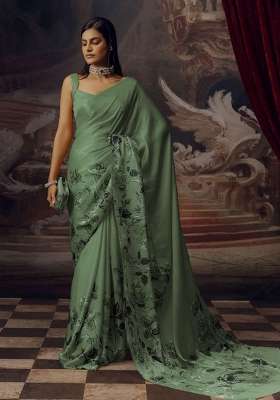 Sage Green Floral Print Model Saree Set