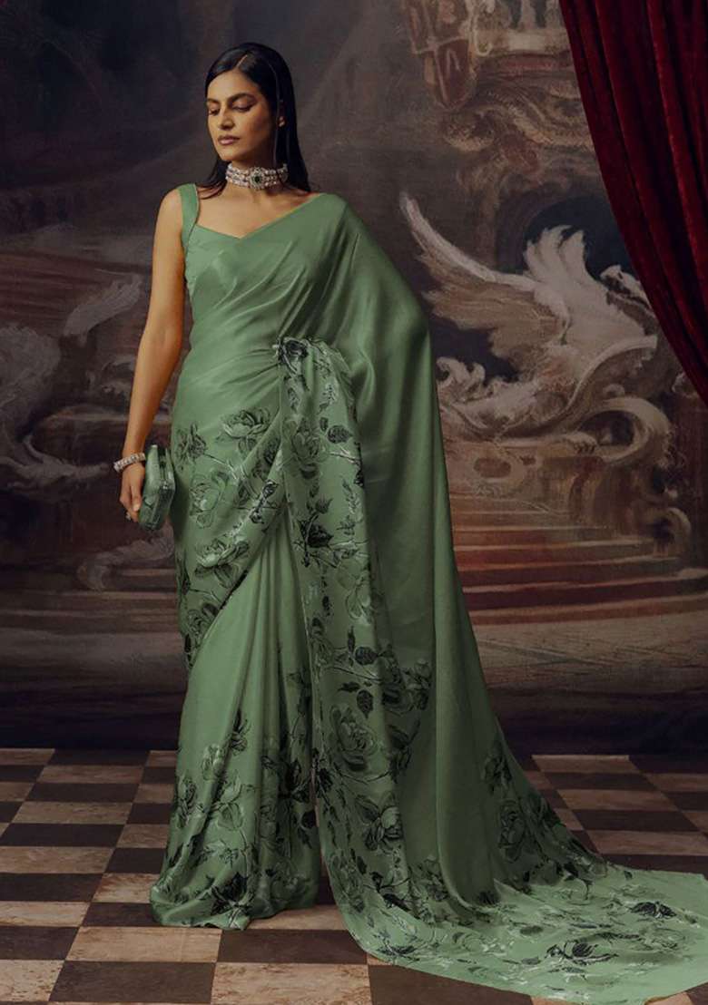 Sage Green Floral Print Model Saree Set - Indya