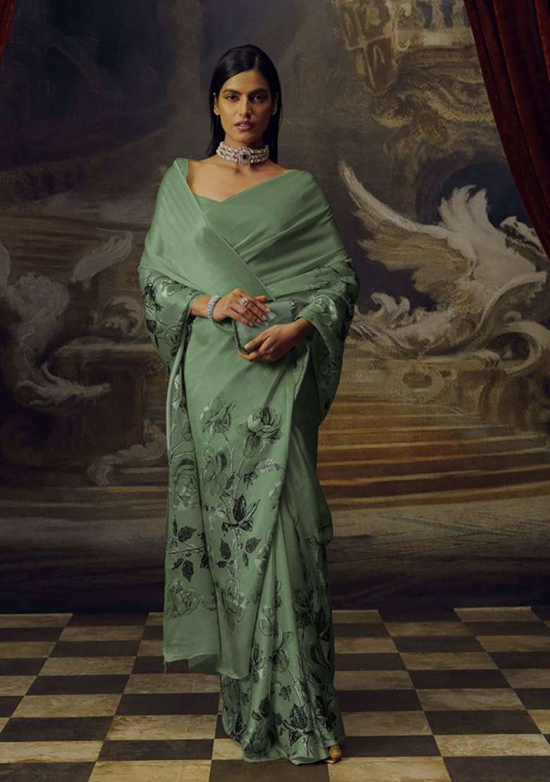Sage Green Floral Print Model Saree Set - Indya