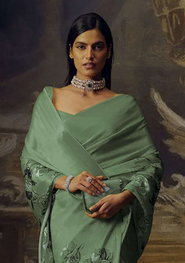 Sage Green Floral Print Model Saree Set - Indya
