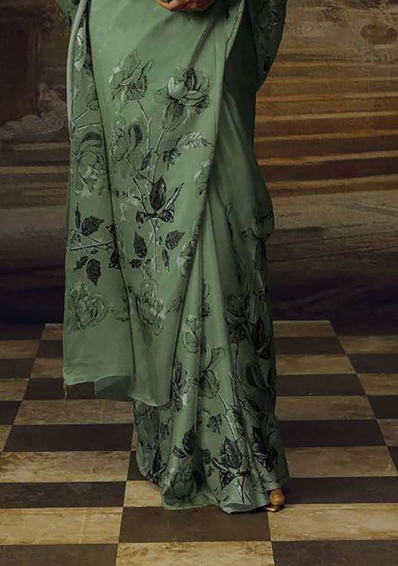 Sage Green Floral Print Model Saree Set - Indya