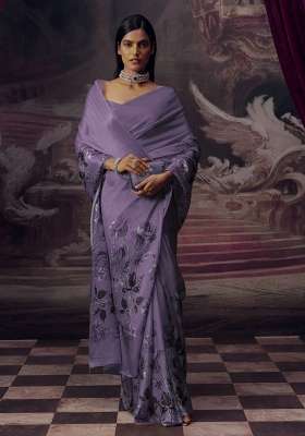 Lavender Floral Print Model Saree Set