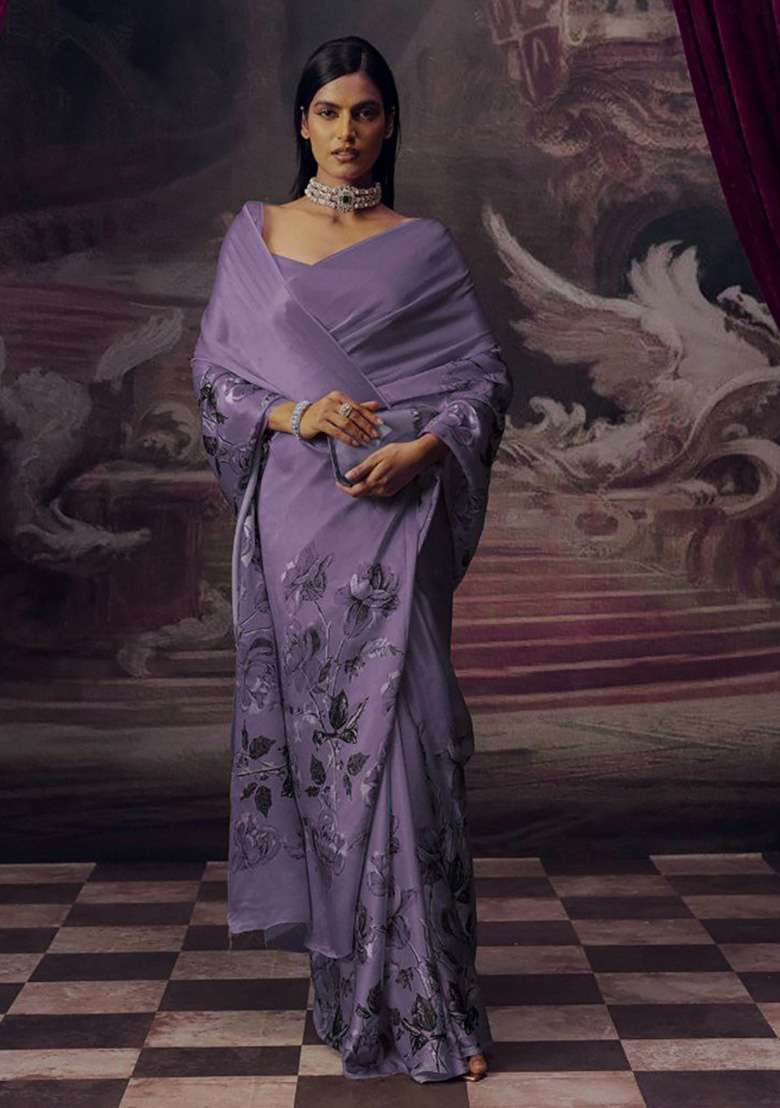 Lavender Floral Print Model Saree Set - Indya
