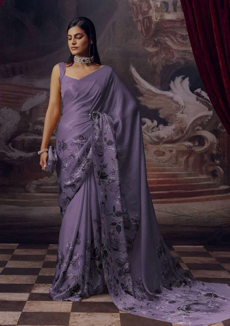 Lavender Floral Print Model Saree Set - Indya
