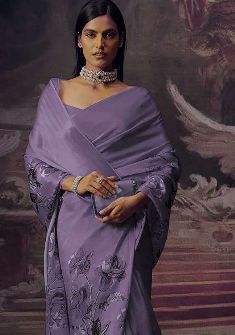 Lavender Floral Print Model Saree Set - Indya