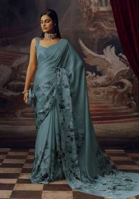 Slate Blue Floral Print Model Saree Set