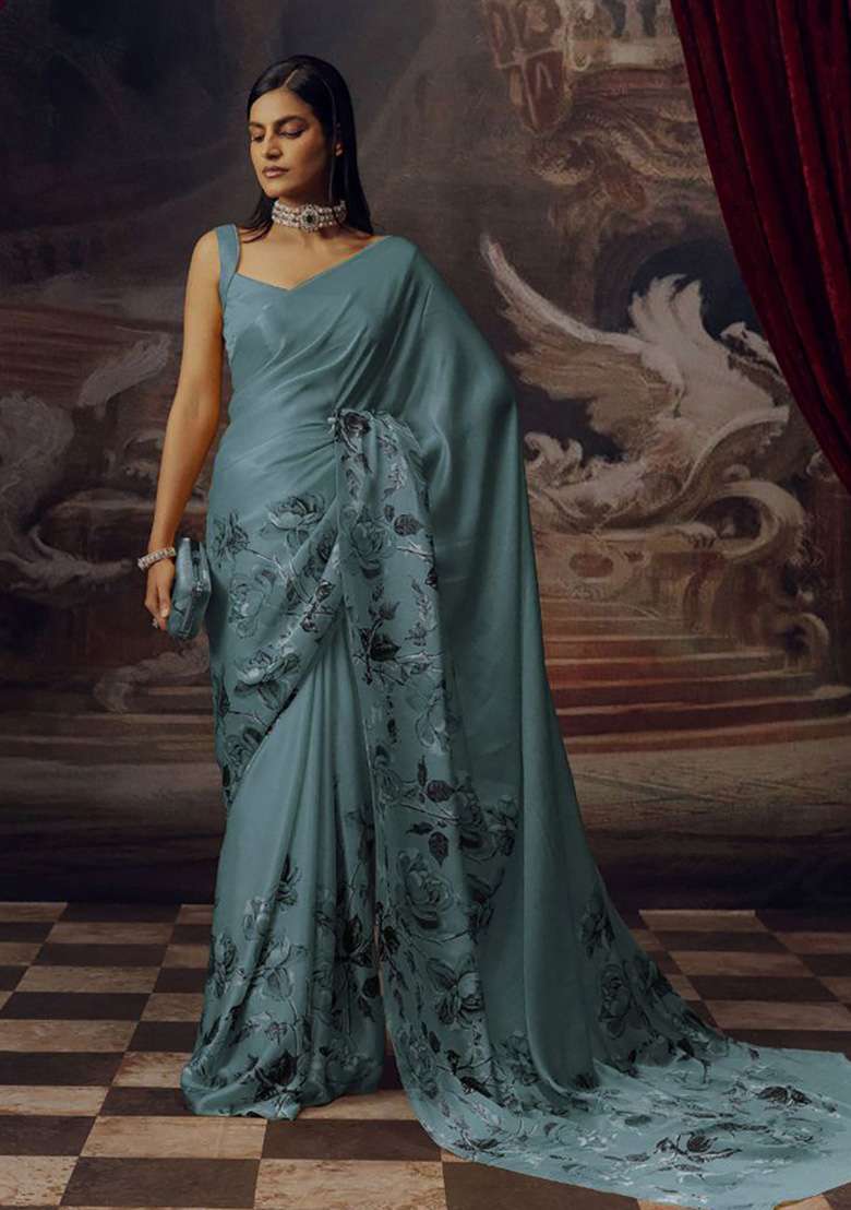Slate Blue Floral Print Model Saree Set - Indya