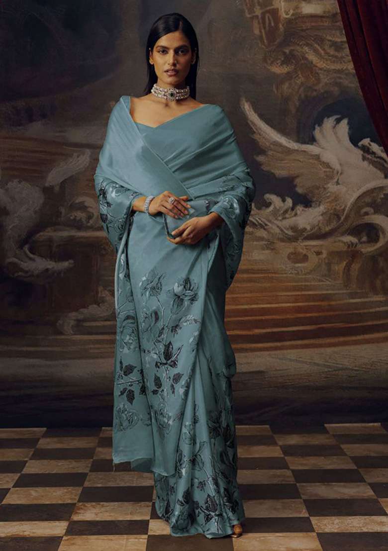 Slate Blue Floral Print Model Saree Set - Indya