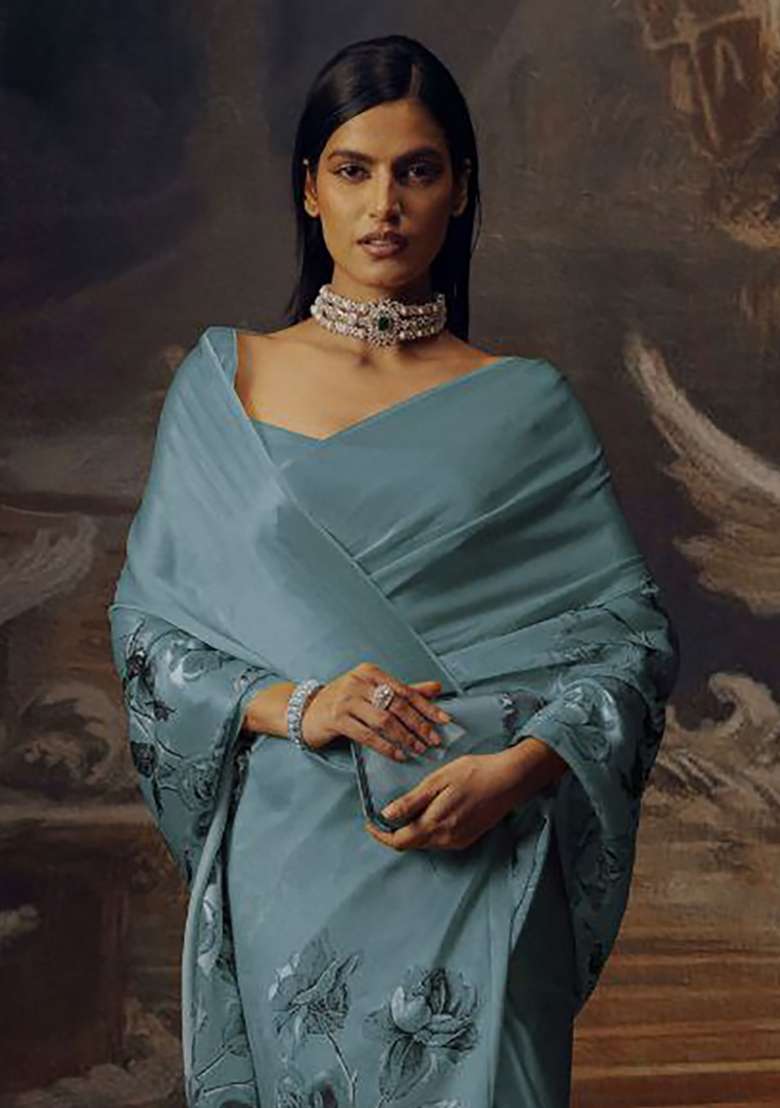 Slate Blue Floral Print Model Saree Set - Indya