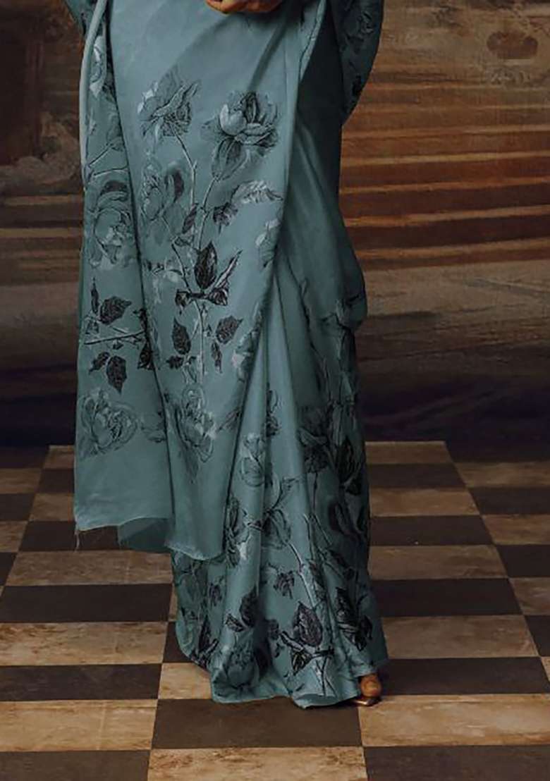 Slate Blue Floral Print Model Saree Set - Indya
