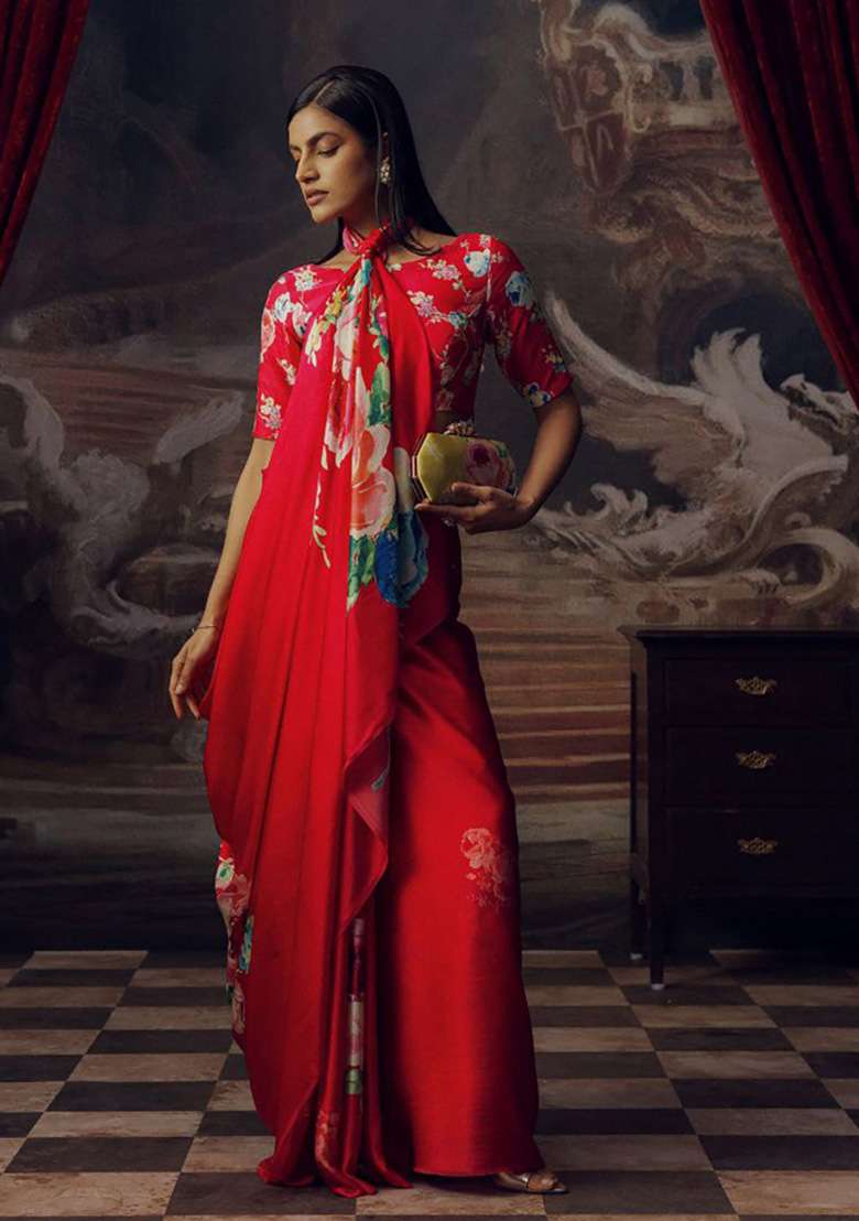 Crimson Red Floral Print Model Saree Set - Indya