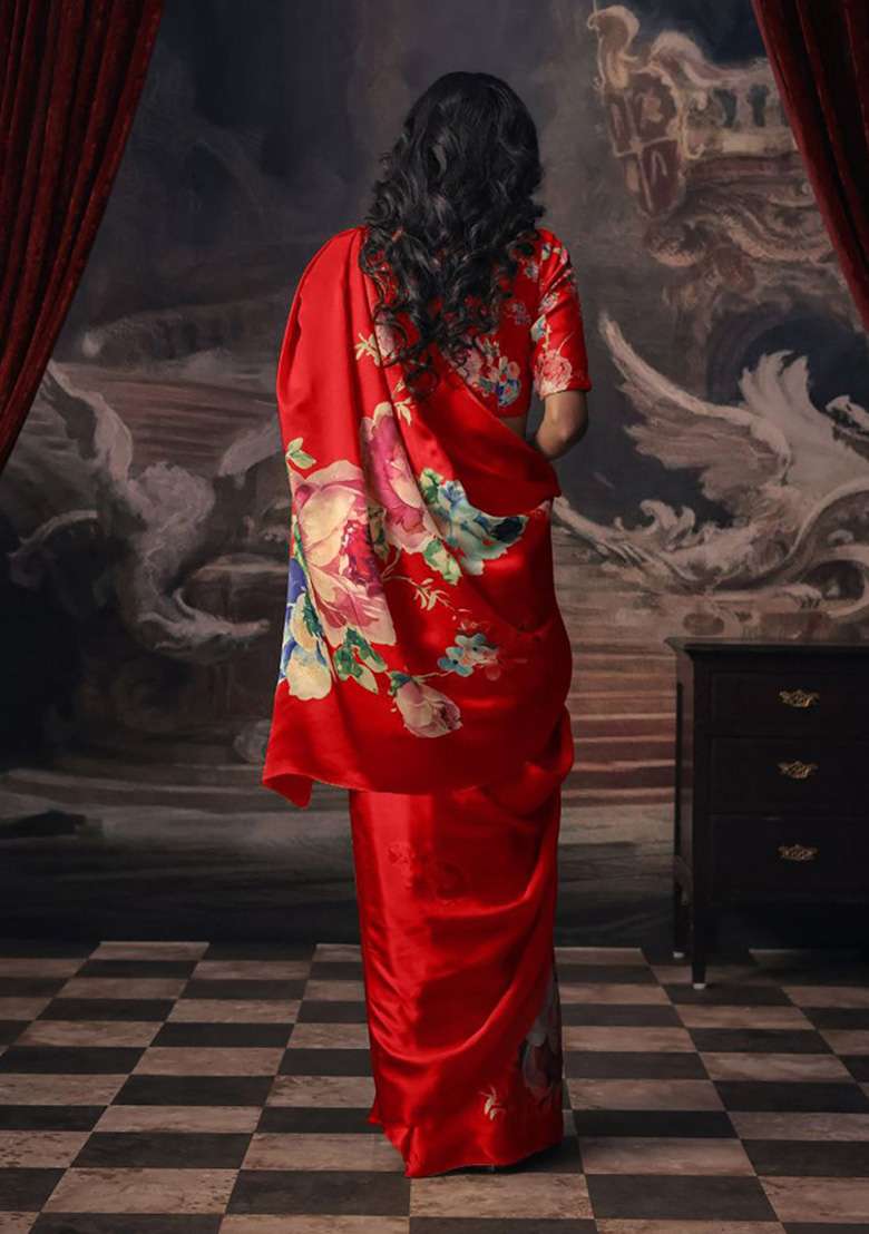 Crimson Red Floral Print Model Saree Set - Indya