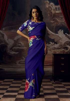 Navy Blue Floral Print Model Saree Set