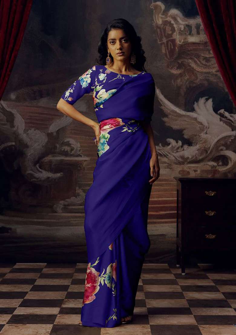 Navy Blue Floral Print Model Saree Set - Indya
