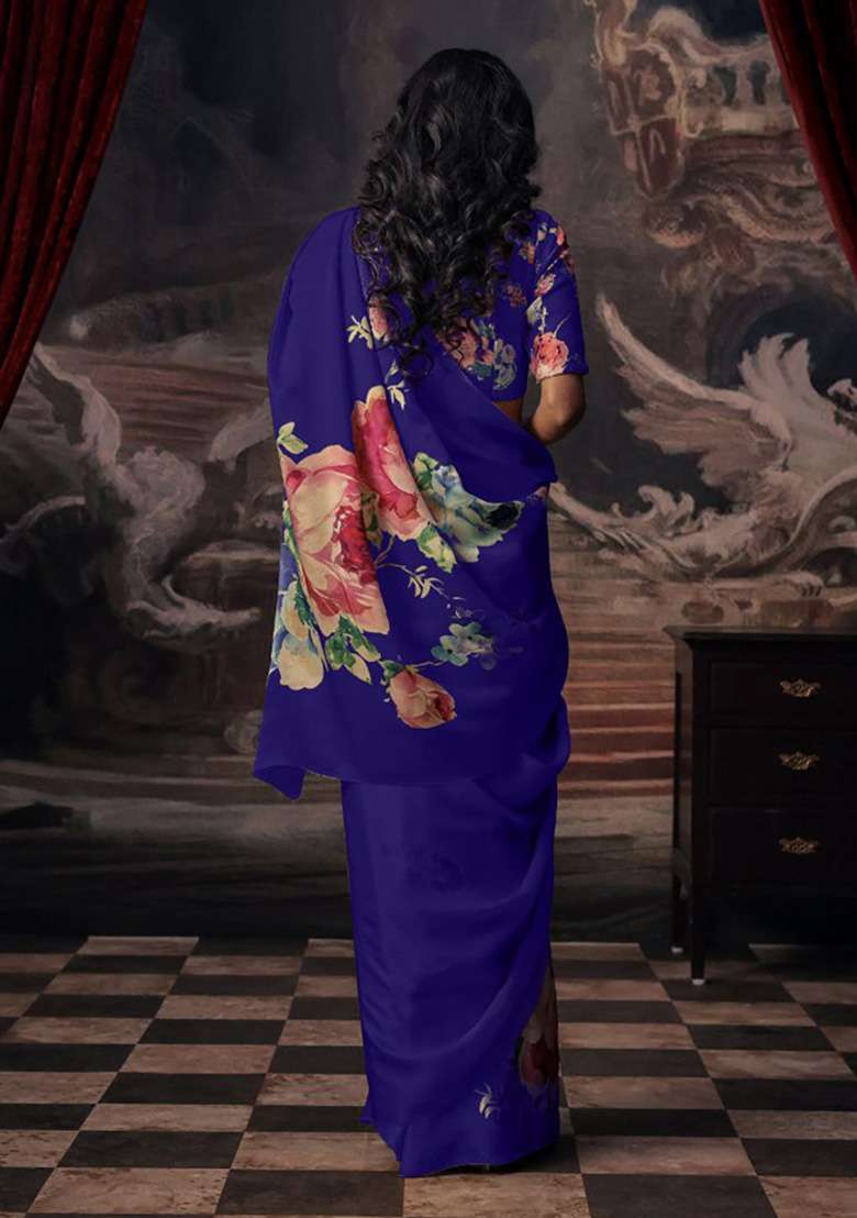 Navy Blue Floral Print Model Saree Set - Indya