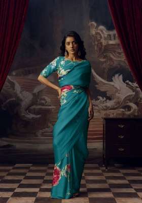 Teal Floral Print Model Saree Set