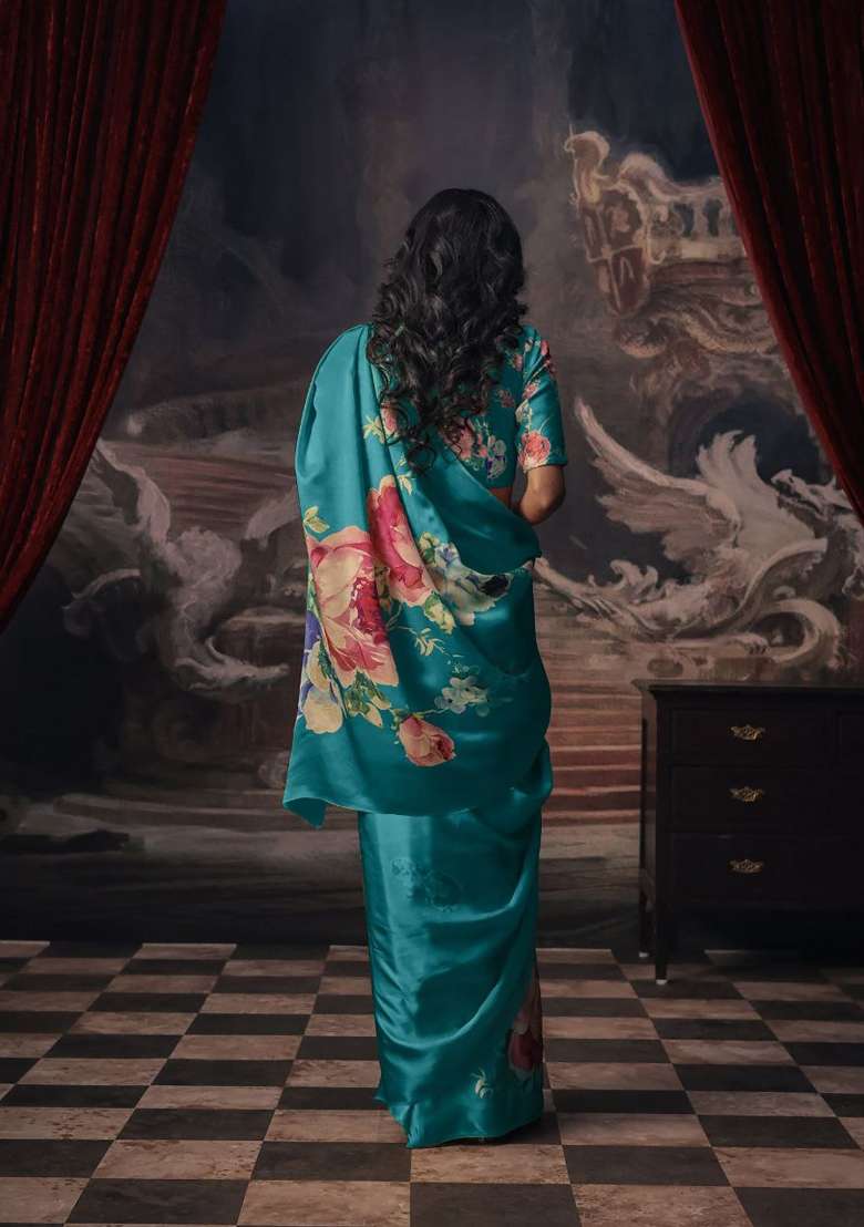 Teal Floral Print Model Saree Set - Indya