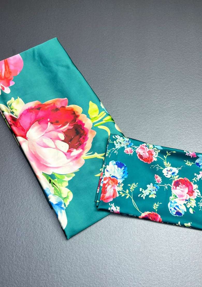 Teal Floral Print Model Saree Set - Indya