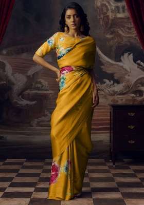 Canary Yellow Floral Print Model Saree Set