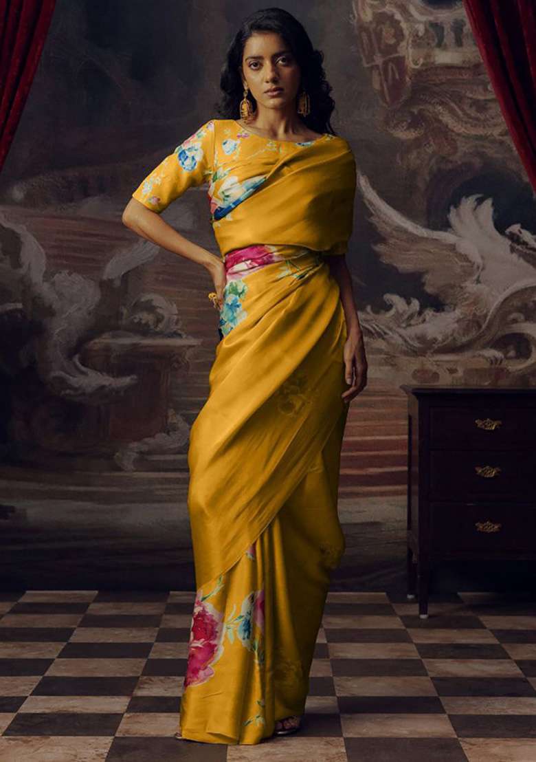 Canary Yellow Floral Print Model Saree Set - Indya