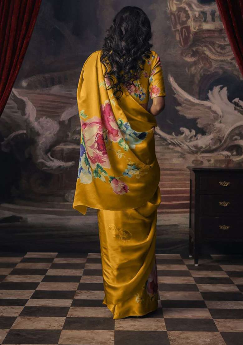 Canary Yellow Floral Print Model Saree Set - Indya