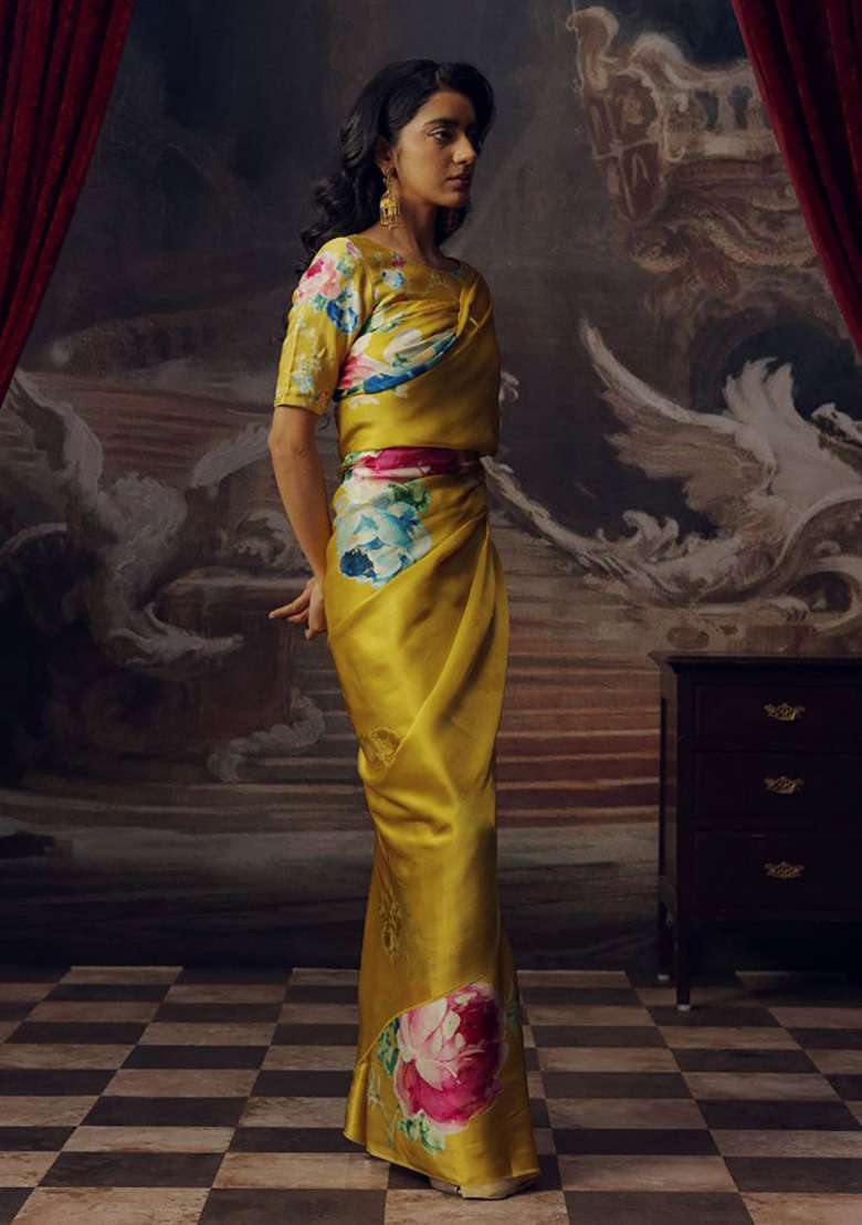 Canary Yellow Floral Print Model Saree Set - Indya